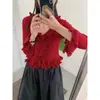 Diseño Estilo Coreano Tejido de Punto Delgado con Volantes 2025 Otoño Nuevo Versátil Adelgazante de Cintura Cuello en V Tejido de Punto para Mujer
