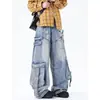 Jeans Workwear Desconstruído para Homens, Estilo de Rua, Silhueta Resistente Desgastada, Marca Lavada Tendência, Calças Scimitar de Perna Larga Rasgadas