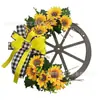 Corona de Rueda con Lazos de Girasol Transfronteriza Decoración Colgante Flor Artificial Rueda de Madera Decoración para Colgar en Puerta Decoración de Pared