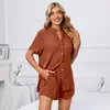Tiro Real Producto Nuevo Amazon Comercio Exterior Europeo y Americano Primavera y Verano Color Sólido Cuello en V Holgado Botones Camiseta Shorts Conjunto Casual para el Hogar