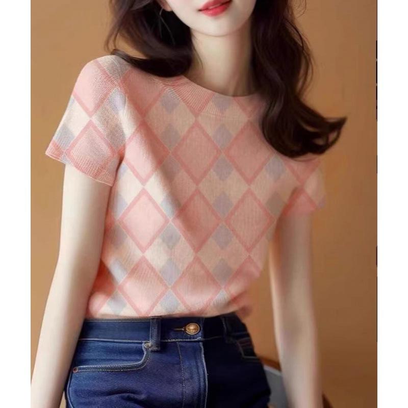 欧洲站高档新款设计感小众时尚气质夏装正肩针织冰丝短袖T恤女潮