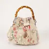 Bolsa de Mão Retrô Transfronteiriça de Linho com Alça de Bambu Estilo Chinês Moda Literária Estilo Nacional Bolsa de Mão Grande Capacidade com Flores e Contas