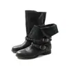 Botas de Motocicleta Verdes Cinza Dobráveis de Cano Médio Botas Ruched Emagrecedoras Chegada Nova Outono 2026 Botas de Cavaleiro com Fivela de Rebite Botas Femininas