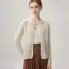 Cárdigan de terciopelo tejido a ganchillo hueco 75% cachemir 25% seda para mujer con botones de perla y ribete de encaje chaqueta de cuello redondo