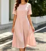 En stock 2026 nuevo vestido de trabajo elegante de cuello redondo, manga corta, abotonado, que ciñe la cintura, línea A, transfronterizo europeo y americano, comercio exterior