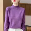 Suéter de punto liso 100% lana con patrón de siete puntos, cuello medio alto, manga raglán, color sólido, base gruesa para mujer