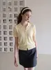 Blusa de Tricô Manga Curta Gola Polo Chic Estilo Coreano High-End Amarelo Claro Slimming de Botão Único 10622