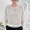 Camiseta de punto de manga corta con cuello redondo de Tencel Lyocell para mujer, nuevo estilo de verano 2025 con abalorios laterales y diseño calado, top de color liso