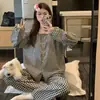 Pijama de algodón nublado de otoño para mujer, cárdigan de cuello redondo, conjunto de ropa de casa de manga larga y pantalón largo estilo coreano ins de dibujos animados para niñas