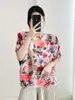 Camiseta Estampada Plegada Transfronteriza Nueva de Verano Manga Murciélago Holgada Diseño Simple Sentido Rosa Top Versátil