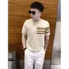 Camisa de Punto de Verano Nueva Estilo Coreano 2026 para Hombre, Rayas, Casual de Negocios Simple, Corte Ajustado, Seda de Hielo, Versión Coreana