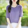 Camiseta Feminina de Tricô de Seda Gelada com Gola Redonda Estilo Francês, Manga Curta, Verão 2026, Fina, Respirável, Caimento Solto, Top Emagrecedor, Camiseta de Meia-Manga, Nova