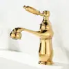 Grifo retro francés de cobre para lavabo de mostrador, caliente y frío, baño clásico, mango de Jade Dorado, un solo agujero, cabezal de agua