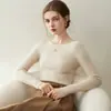 Top quente 100% cashmere puro, gola redonda, malha canelada, base justa, suéter feminino