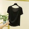 Camiseta base de manga corta para mujer, color liso, con volantes, holgada, sin costuras, talla grande, cuello redondo