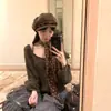 Romance Francês ~ Chapéu Octogonal de Xadrez Renda Clássico Retrô para Mulheres, Boina Artística Estilo Japonês com Borda Plissada para Afinar o Rosto