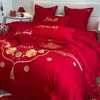 Juego de Ropa de Cama para Boda de Cuatro Piezas, Sábana y Funda de Edredón 100% Algodón Puro para Boda, Rojo Brillante, Para Recién Casados, 4 Dragones y Fénix Estilo Chino