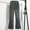 Foto Real de Jeans Acampanados Adelgazantes para Mujer, Nuevo Estilo Otoño, Tallas Grandes para Figuras Curvilíneas, Pantalones Acampanados Elásticos de Cintura Alta