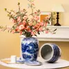 Nuevo jarrón de cerámica azul y blanco estilo chino, juego de tarros de almacenamiento para arreglos florales, para sala de estar, recibidor, estudio, decoración de sala de té
