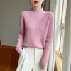 Suéter de lana con cuello half-high retorcido, 100% lana, textura de siete agujas, tejido artístico vintage, prenda versátil para otoño e invierno