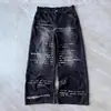 Jeans Lavados Retro Y2K Transfronterizos Europeos y Americanos Estilo Calle Milenio Estampado de Letras Jeans de Pierna Recta de Cintura Baja para Hombre