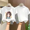Camiseta de manga larga a rayas de algodón puro para niñas, estilo primavera y otoño, imitación de dos piezas, top de dibujos animados estiloso para niños mayores