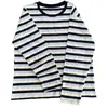 Camiseta de otoño nueva de manga larga a rayas beige y azul retro para mujer, cuello redondo, corte holgado, casual, versátil, top base adelgazante