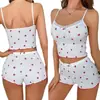 Novo Conjunto de Renda Duas Peças para Casa de Listras Grossas Estampadas para Mulheres, Shorts com Suspensório e Laço, Estampa de Morango