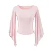 Camiseta Ligera Transpirable Protectora del Sol Estilo Deseo Puro Chica Picante Hombros Descubiertos Mangas Acampanadas Verano Ajustada Corta Color Sólido Top para Mujer