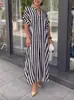 2026 Plataforma Independiente de Ropa Femenina Transfronteriza Moda Estilo Europeo y Americano Vestido Rayado con Abertura Vestido Largo de Manga Corta con Abertura para Mujer