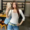 Foto Real de Camiseta Ajustada de Falso Dos Piezas con Cuello Cuadrado y Media Manga para Mujer, Nuevo Diseño Estilo Coreano Verano 2026 Top 14657