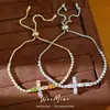 Pulsera extensible de cruz con circonita chapada en oro real de 18 quilates, pulsera de nicho de lujo ligero, joyería de estilo coreano de alta gama