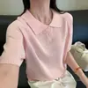 Top de punto con cuello tipo polo de estilo americano, diseño de botones, manga corta para mujer, fino para verano, nueva era, camiseta base reductora
