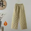 Calça Feminina Acolchoada de Algodão 25 Inverno Novo Cintura Elástica Linho Quente Perna Larga