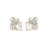 Pendientes Geométricos Dulces de Flor y Perla con Diamantes, Chapados en Oro Real de 14K, Pendientes de Lujo Ligero de Gama Alta, Pendientes Elegantes para Mujer