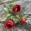 Ramo de rosas Austin de 3 cabezas de tela cepillada, decoración del hogar, flores falsas, exhibición de mesa, flores artificiales al por mayor
