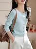 Camiseta de punto elegante de alta gama, cuello redondo suave, para mujer, nueva de primavera, talla grande para chicas con sobrepeso, ropa de trabajo, top de manga larga con efecto adelgazante