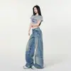 Jeans Vintage Azul Lavado de Perna Larga para Mulheres, Novas Calças de Corte Reto de Cintura Baixa, Modelagem Solta Emagrecedora, Comprimento Total, Estilo Americano para Uso Diário