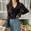 Cárdigan de punto con cuello en V y manga larga, protector solar de seda helada, camiseta de verano con aire acondicionado para mujer, abrigo de primavera y otoño, top corto calado de seda helada