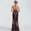 Vestido Feminino Amazon 2026 Nova Moda Gola Halter Patchwork de Renda Estampa de Leopardo Transparente Sexy Bodycon Sem Costas