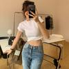 Camiseta blanca de algodón puro estilo retro americano con hombros descubiertos para mujer, de manga corta, estilo occidental europeo de verano de alta calidad, top adelgazante ajustado