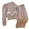 Pijama Francês Feminino Três Peças Alça Longa Algodão Lixado Outono e Inverno Cinza Puro Desejo Sexy Doce Roupas de Casa