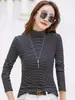 Camiseta Base de Cuello Medio Alto para Mujer 2026 Nuevo Cepillada Cuello Medio Ajustado Manga Larga Rayada Otoño/Invierno Ropa Interior Top Negro