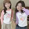 Nova Camiseta de Algodão Puro com Manga Longa para Meninas Primavera/Outono 2026 Roupa de Outono Estilo Coreano Camiseta Cartoon Curva Infantil Camada Base Ins