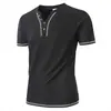 2025 Amazon Wish Aliexpress Novo Cardigã Colorido de Algodão com Decote V Pequeno Camisa Henley Casual Masculina de Manga Curta