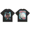 2025 Camiseta Casual Holgada Retro de Manga Corta Unisex Tendencia Americana High Street Estrella del Infierno Infierno Estampado Pesado