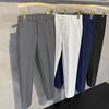 Calças Retas de Nove Pontos Masculinas de Primavera Slim-fit Masculinas Britânicas Sem Passar Design de Cintura Elástica Calças com Botão Interno e Externo