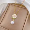 [Acero de Titanio] Aceite de Perla Flor Gota Estilo Palacio Hermoso Collar Completamente Incrustado de Diamantes para Mujer Cadena de Clavícula Más Fácil de Combinar Cadena de Acero de Titanio