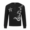 Yidao Vintage Outono 2026 Nova Camiseta Americana Henley com Gola Falsa de Duas Peças Estampa Desgastada Manga Longa Solta