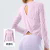 Cárdigan Exterior de Hilo de Bambú para Yoga para Mujer Otoño Temprano Calado Cruzado Espalda Bonita Transpirable Manga Larga Ropa de Entrenamiento Pilates Fitness